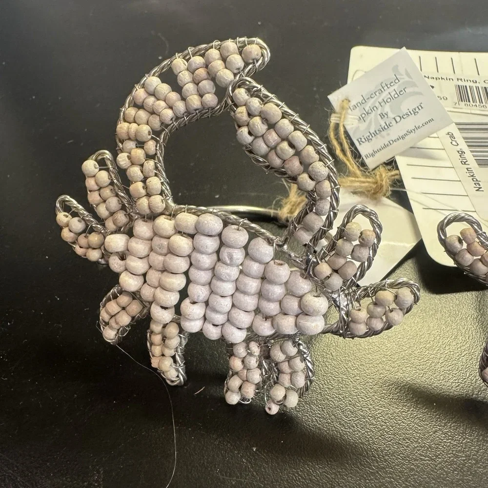 Set Of 2  Sea Crab Beaded Neutral Silver Tone Napkin Rings. NEW Nautical Decor.
